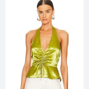 House of Harlow 1960 Olive Green Satin Halter with Ruched Front